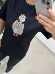 Ml 54737 Bisiklet Yaka Taş Detaylı Figürlü Siyah Tişört