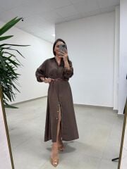 Fp 3270 Kemerli Tensel Kahve Gömlek Elbise
