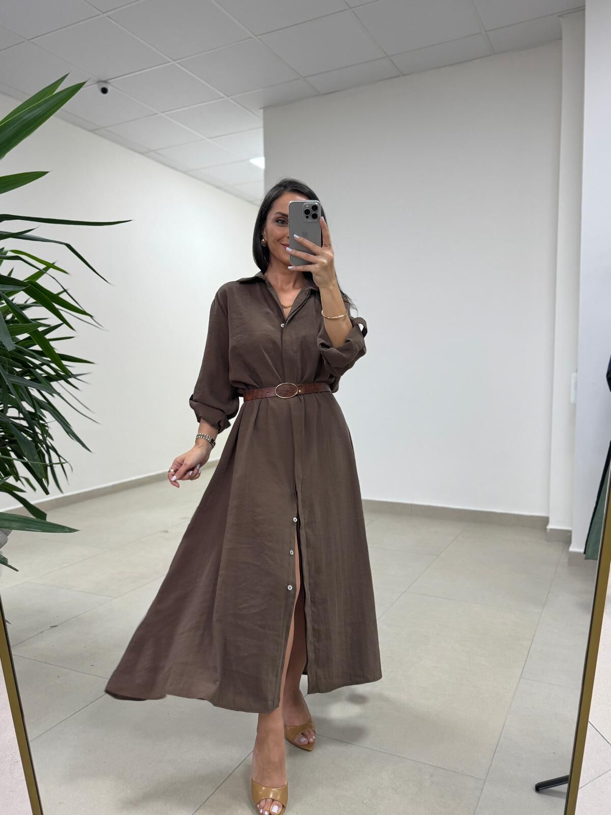Fp 3270 Kemerli Tensel Kahve Gömlek Elbise