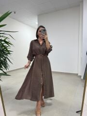 Fp 3270 Kemerli Tensel Kahve Gömlek Elbise