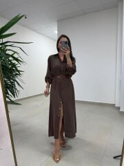 Fp 3270 Kemerli Tensel Kahve Gömlek Elbise