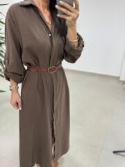 Fp 3270 Kemerli Tensel Kahve Gömlek Elbise