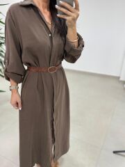 Fp 3270 Kemerli Tensel Kahve Gömlek Elbise