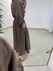 Fp 3270 Kemerli Tensel Kahve Gömlek Elbise