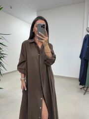 Fp 3270 Kemerli Tensel Kahve Gömlek Elbise