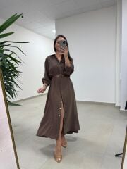 Fp 3270 Kemerli Tensel Kahve Gömlek Elbise
