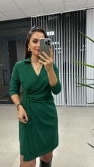 Kruvaze Tokalı Yeşil Elbise