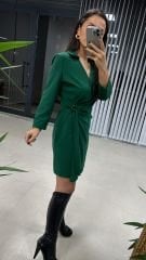 Kruvaze Tokalı Yeşil Elbise