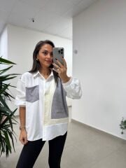 Bb 29341 Ekru-Gri Tasarım Triko Detaylı Gömlek