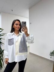 Bb 29341 Ekru-Gri Tasarım Triko Detaylı Gömlek