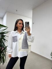 Bb 29341 Ekru-Gri Tasarım Triko Detaylı Gömlek