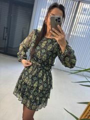 My Yeşil Şal Desen Kemerli Şifon Elbise