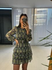 My Yeşil Şal Desen Kemerli Şifon Elbise