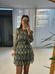 My Yeşil Şal Desen Kemerli Şifon Elbise