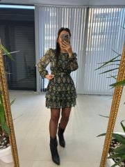 My Yeşil Şal Desen Kemerli Şifon Elbise