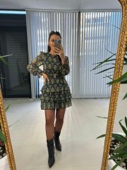 My Yeşil Şal Desen Kemerli Şifon Elbise