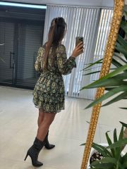 My Yeşil Şal Desen Kemerli Şifon Elbise