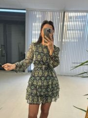 My Green Shawl Pattern Belted Chiffon Dress