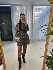 My Yeşil Şal Desen Kemerli Şifon Elbise