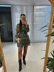 My Yeşil Şal Desen Kemerli Şifon Elbise