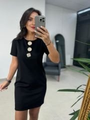 Ms 139 Siyah Gold Düğme Detaylı Elbise