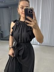 Ms Floş Keten Bağlamalı Siyah Elbise