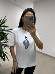 Ml 54738 Bisiklet Yaka İndigo Geçişli Figürlü Beyaz Tişört