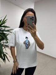 Ml 54738 Bisiklet Yaka İndigo Geçişli Figürlü Beyaz Tişört