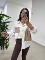 Bb 29341 Ekru-Kahve Tasarım Triko Detaylı Gömlek