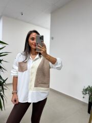 Bb 29341 Ekru-Kahve Tasarım Triko Detaylı Gömlek