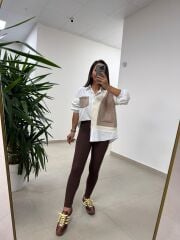 Bb 29341 Ekru-Kahve Tasarım Triko Detaylı Gömlek