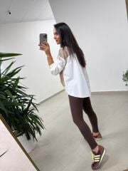 Bb 29341 Ekru-Kahve Tasarım Triko Detaylı Gömlek