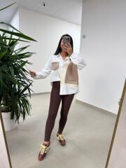 Bb 29341 Ekru-Kahve Tasarım Triko Detaylı Gömlek