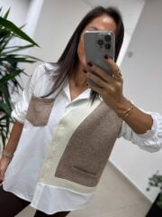 Bb 29341 Ekru-Kahve Tasarım Triko Detaylı Gömlek