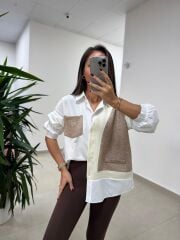 Bb 29341 Ekru-Kahve Tasarım Triko Detaylı Gömlek