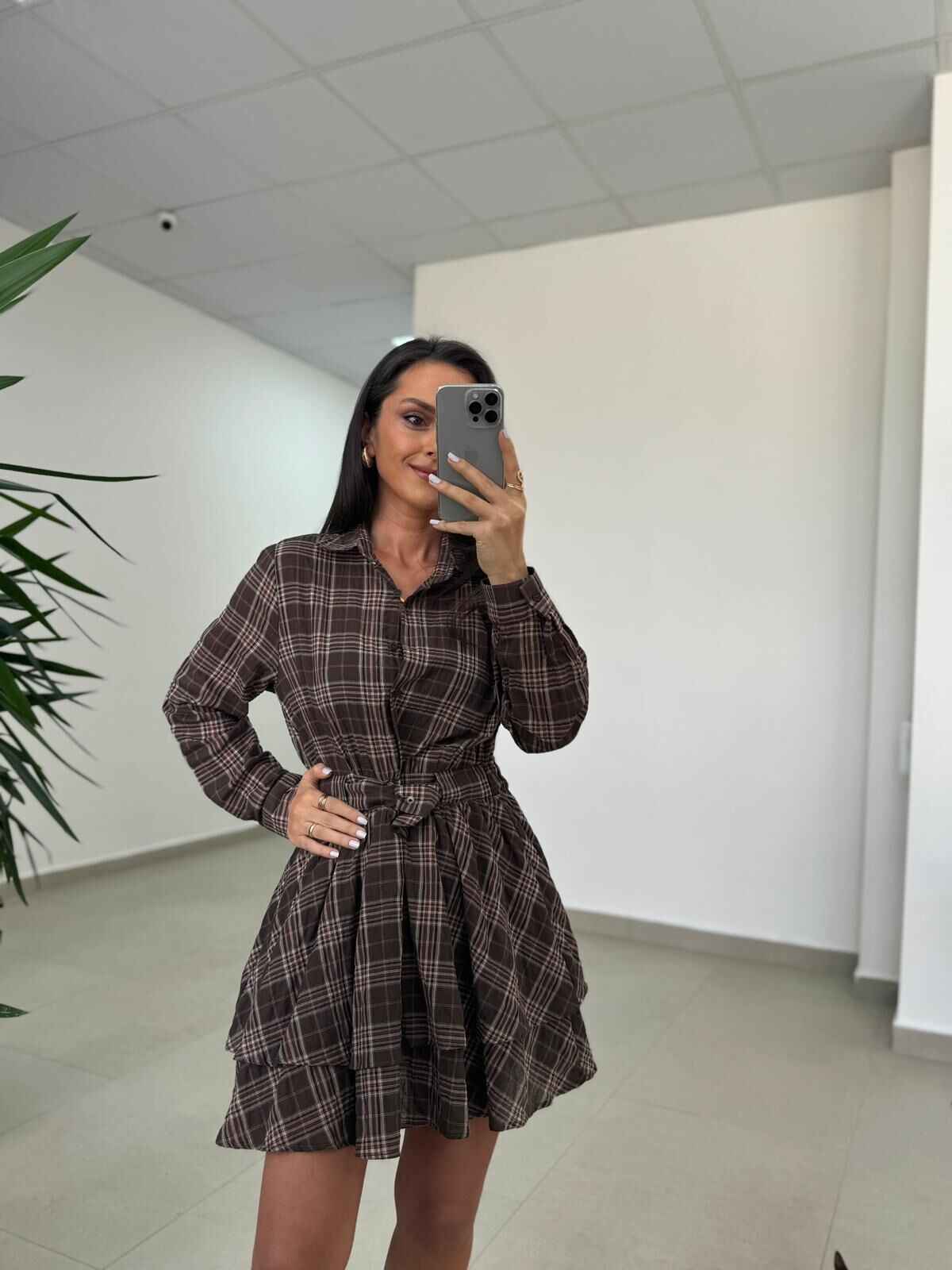 Rn 35556 Bel Detaylı Müslin Mini Kahve Elbise