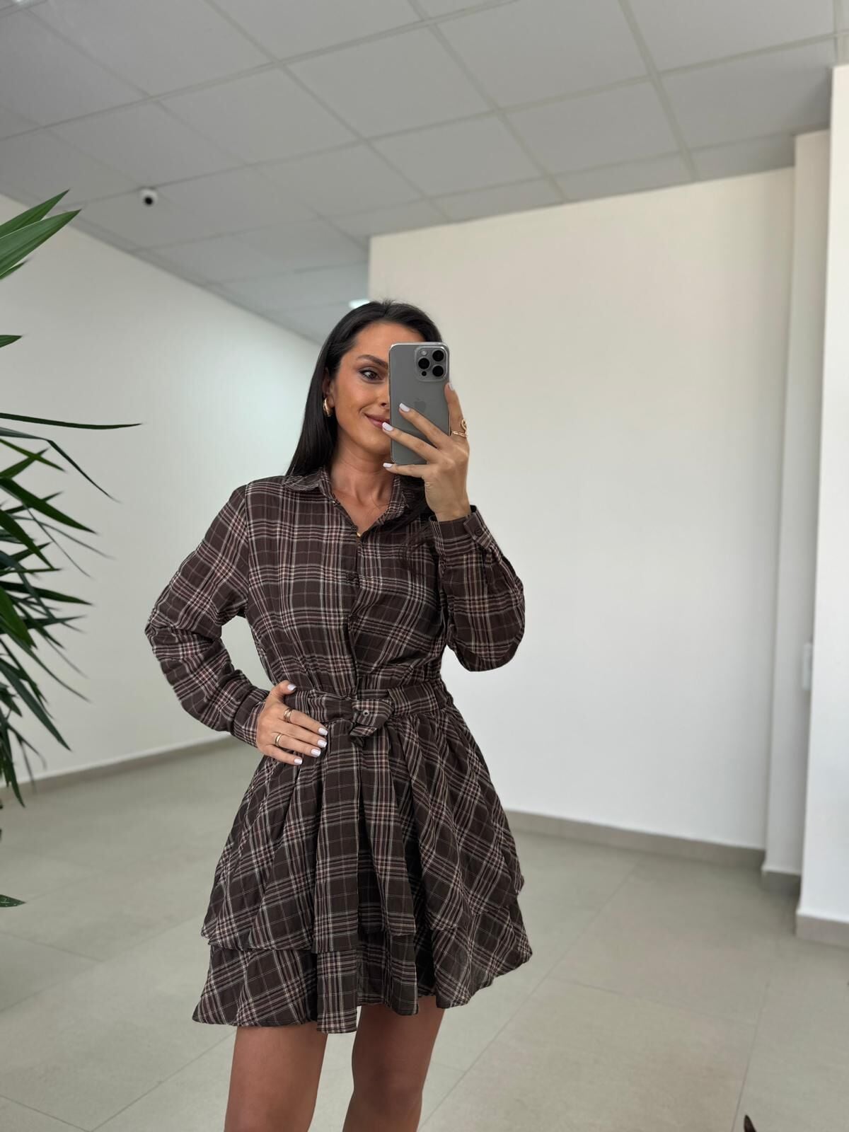 Rn 35556 Bel Detaylı Müslin Mini Kahve Elbise