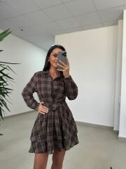 Rn 35556 Bel Detaylı Müslin Mini Kahve Elbise