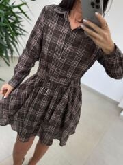 Rn 35556 Bel Detaylı Müslin Mini Kahve Elbise