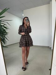 Ry 35556 Bel Detaylı Müslin Mini Kahve Elbise