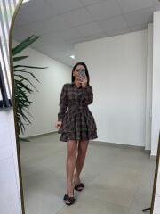 Ry 35556 Bel Detaylı Müslin Mini Kahve Elbise