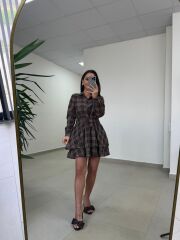 Rn 35556 Bel Detaylı Müslin Mini Kahve Elbise