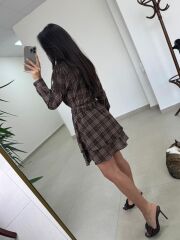 Rn 35556 Bel Detaylı Müslin Mini Kahve Elbise