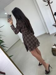 Rn 35556 Bel Detaylı Müslin Mini Kahve Elbise