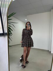 Rn 35556 Bel Detaylı Müslin Mini Kahve Elbise