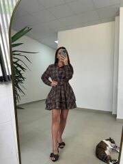 Ry 35556 Bel Detaylı Müslin Mini Kahve Elbise