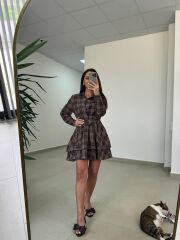 Rn 35556 Bel Detaylı Müslin Mini Kahve Elbise