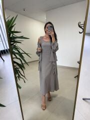 Fp 3367 Pamuk Keten Bolerolu Vizon Elbise