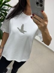 Ml 54739 Bisiklet Yaka Taş Kuş Detaylı Beyaz Tişört