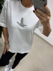 Ml 54739 Bisiklet Yaka Taş Kuş Detaylı Beyaz Tişört